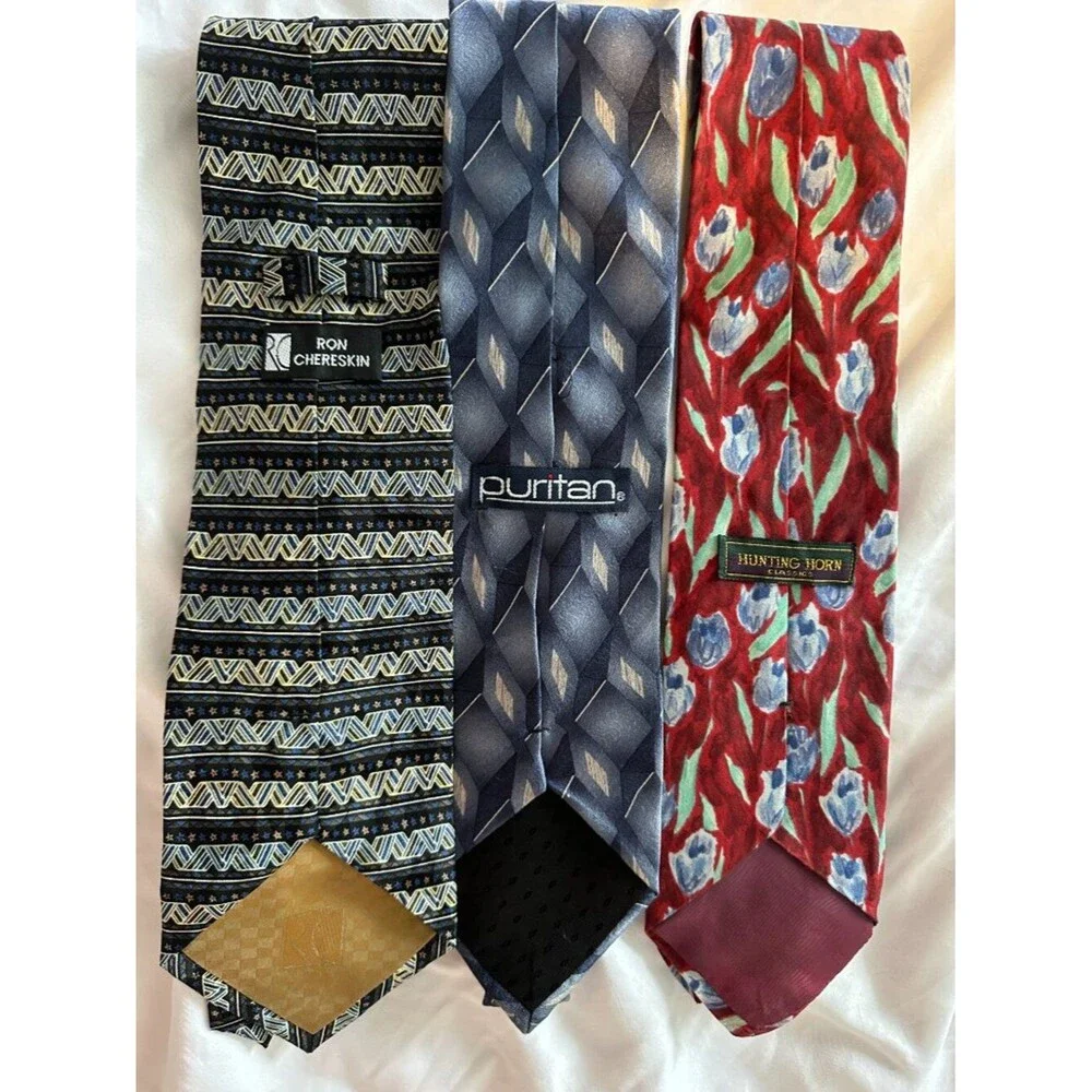 Vintage 100% Silk Ties Lot 3 Ron Chereskin Puritan Hunting Horn Floral Geometric